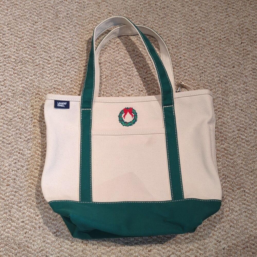 Lands End Medium 5 Pocket Canvas Tote Bag Green Wreath Embroidery Open Top